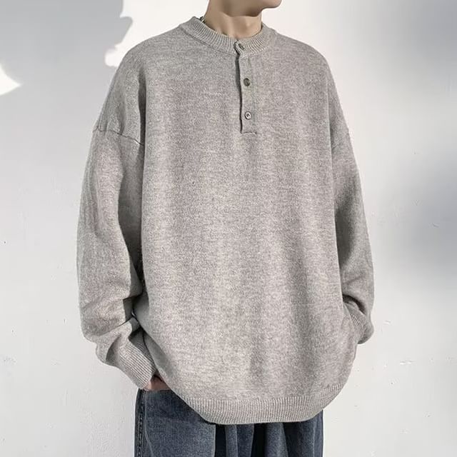 Sinlarity-Drop Shoulder Henley Neck Plain Oversized Sweater