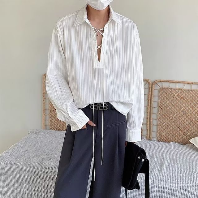 Sinlarity-Drop Shoulder Plain Textured Shirt