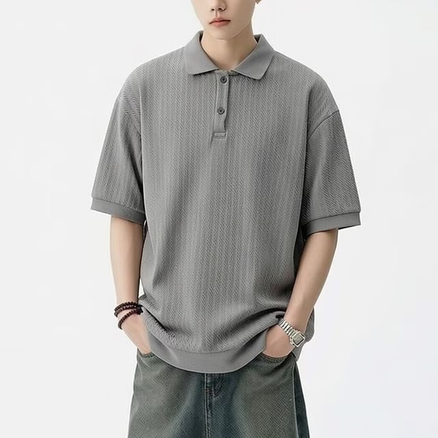 Sinlarity-Elbow-Sleeve Collar Plain T-Shirt