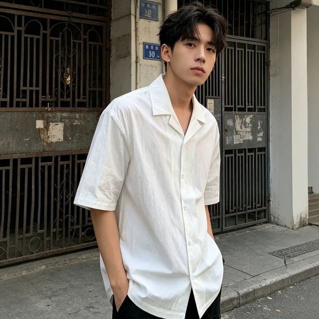 Sinlarity-Elbow-Sleeve Plain Shirt