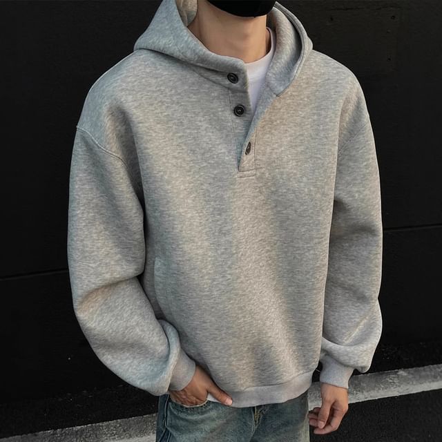 Sinlarity-Half Buttoned Plain Hoodie