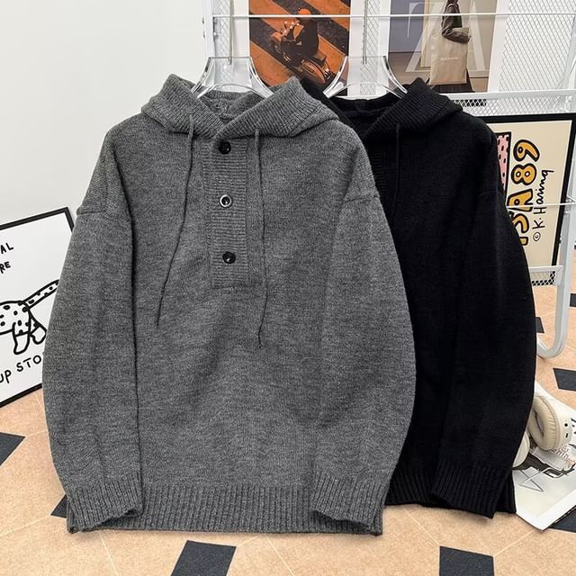 Sinlarity-Henley Plain Knit Hoodie