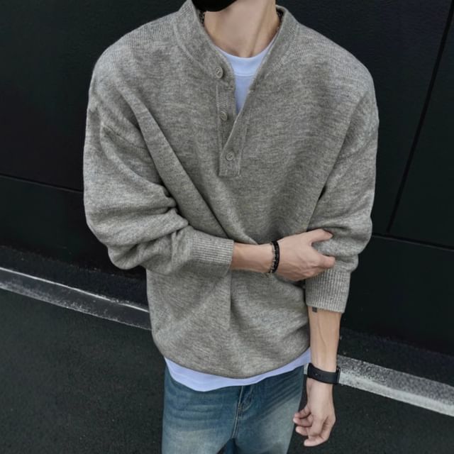 Sinlarity-Henley Plain Sweater