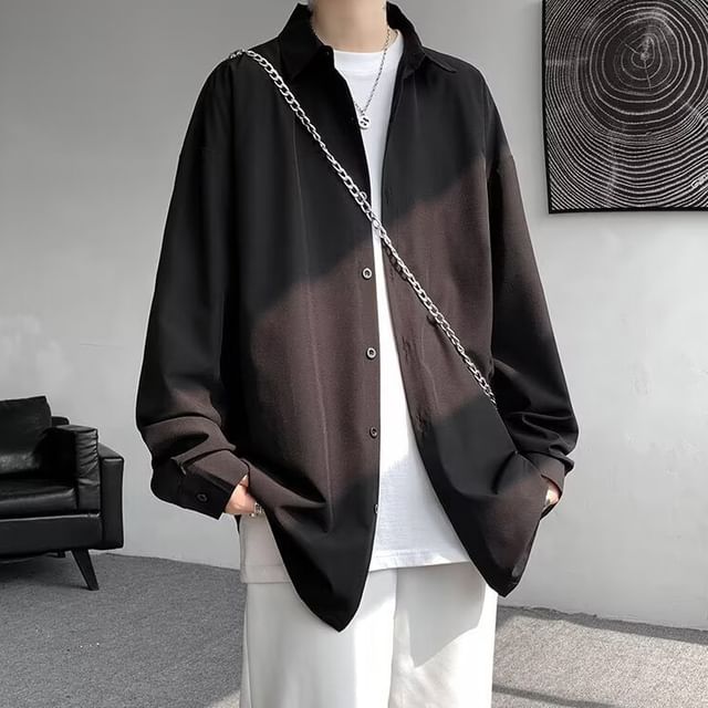 Sinlarity-Long-Sleeve Button-Up Plain Shirt