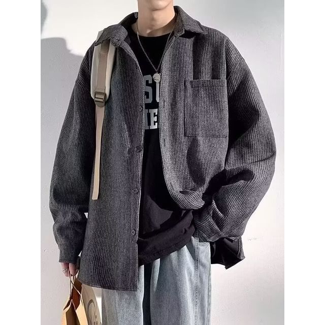 Sinlarity-Long Sleeve Collared Plain Corduroy Shirt