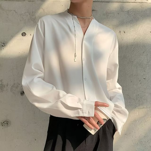 Sinlarity-Long-Sleeve Collarless Plain Shirt