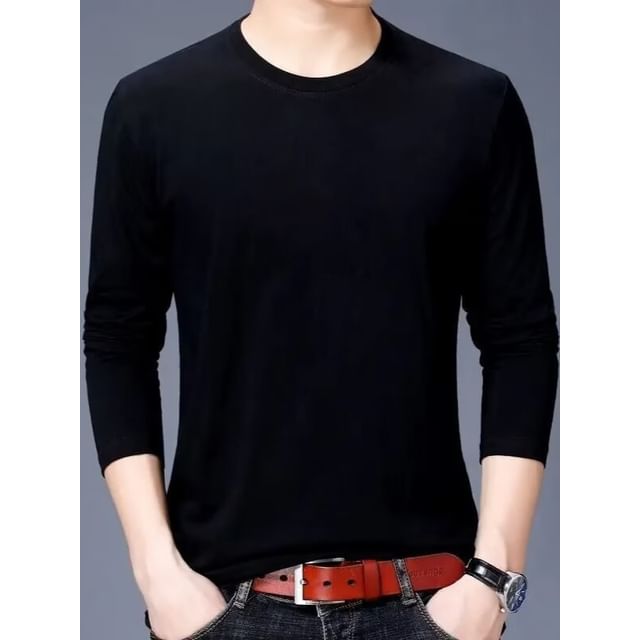 Sinlarity-Long Sleeve Crew Neck Plain T-Shirt