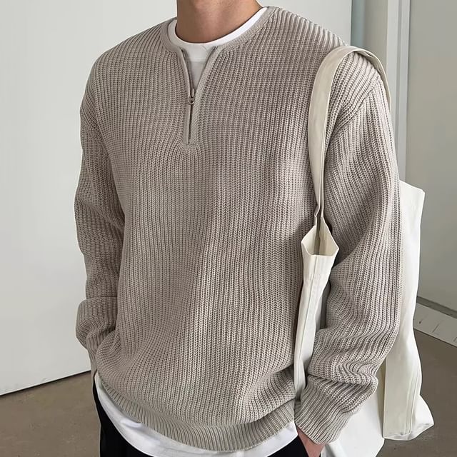 Sinlarity-Long-Sleeve Half Zip Plain Knit Top