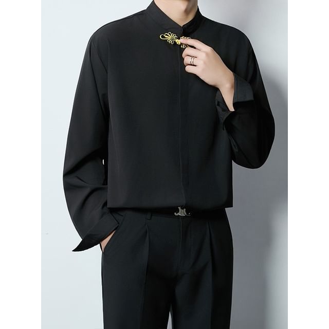 Sinlarity-Long Sleeve Mandarin Collar Frog Closure Shirt