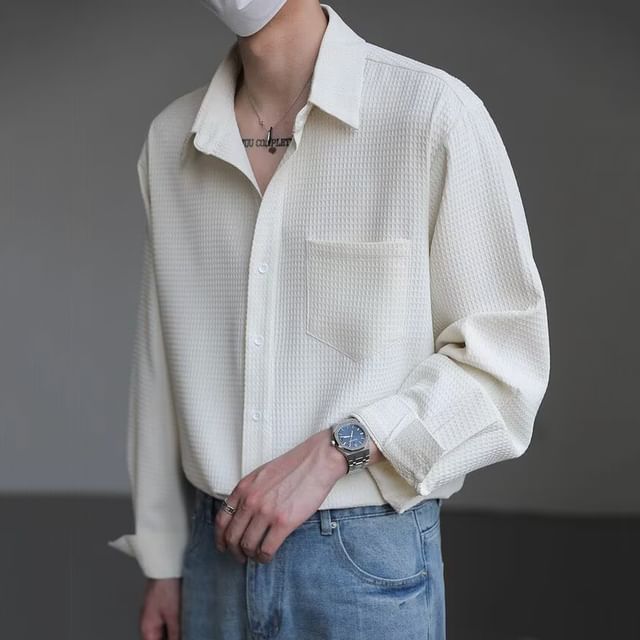 Sinlarity-Long-Sleeve Pocketed Plain Shirt