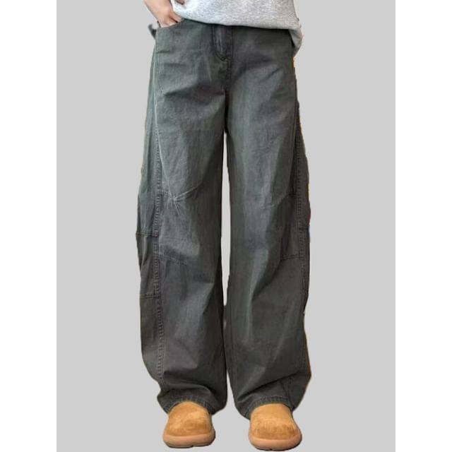 Sinlarity-Mid Rise Plain Baggy Pants