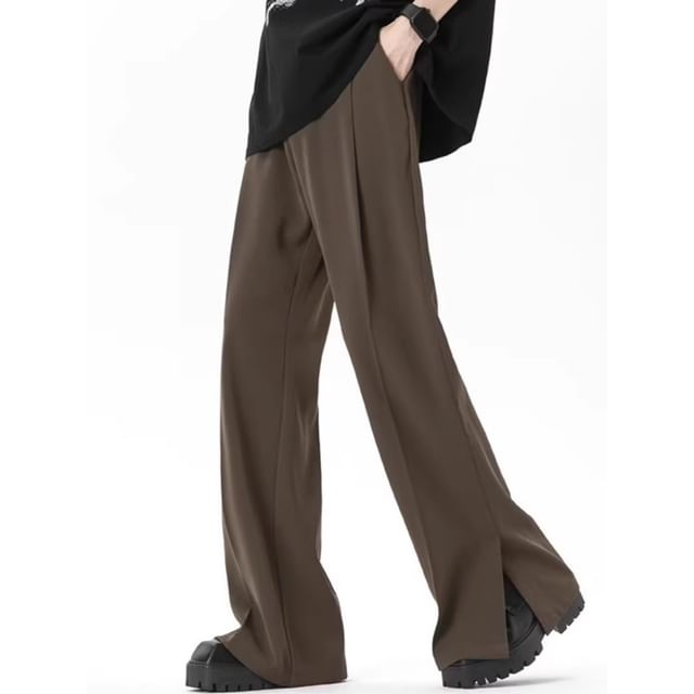 Sinlarity-Mid Rise Plain Slit Bootcut Dress Pants