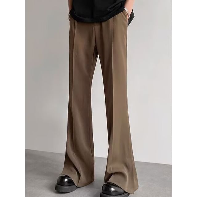 Sinlarity-Mid Rise Plain Slit Flared Dress Pants
