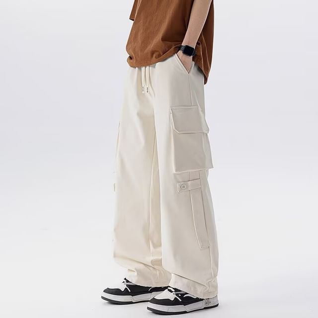 Sinlarity-Mid Rise Plain Wide Leg Cargo Pants