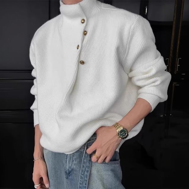 Sinlarity-Mock Neck Half Buttoned Plain Sweater