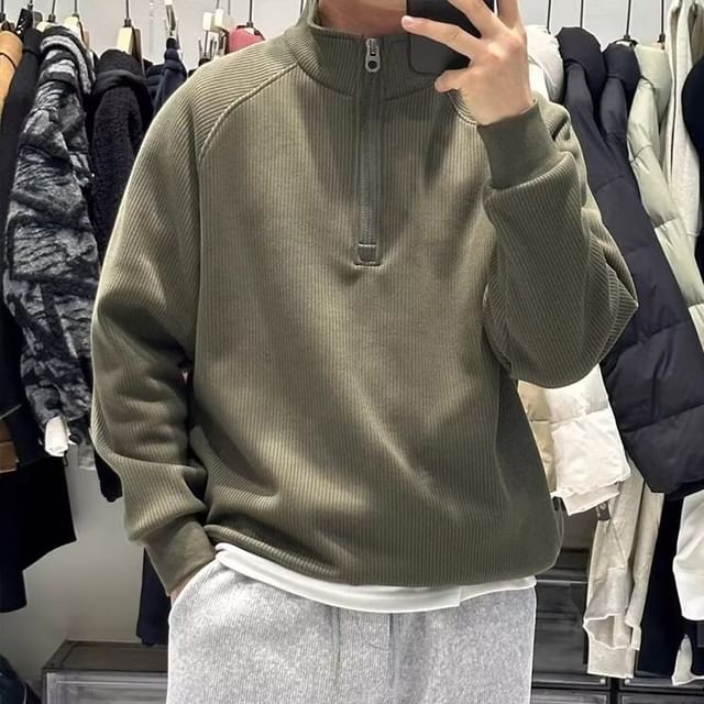 Sinlarity-Mock Neck Half Zip Plain Sweatshirt