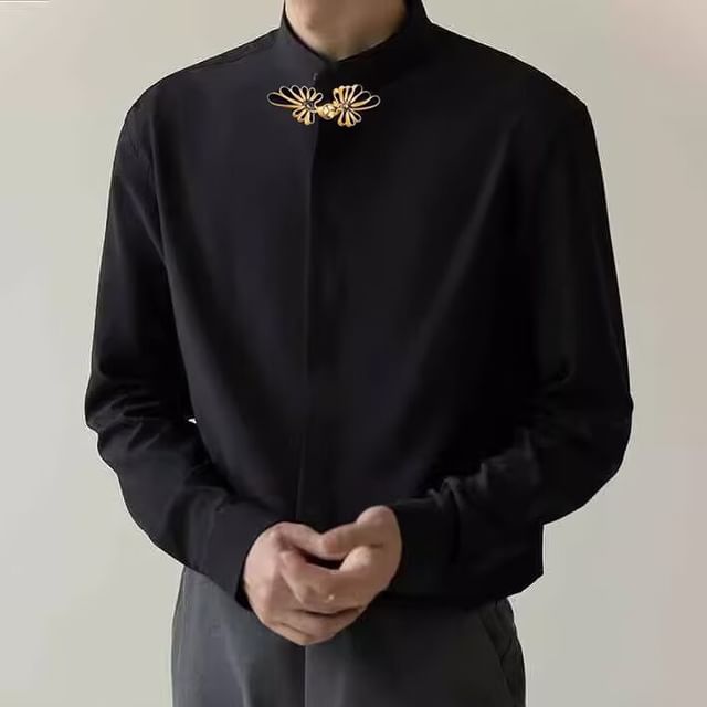 Sinlarity-Mock Neck Toggle Plain Jacket