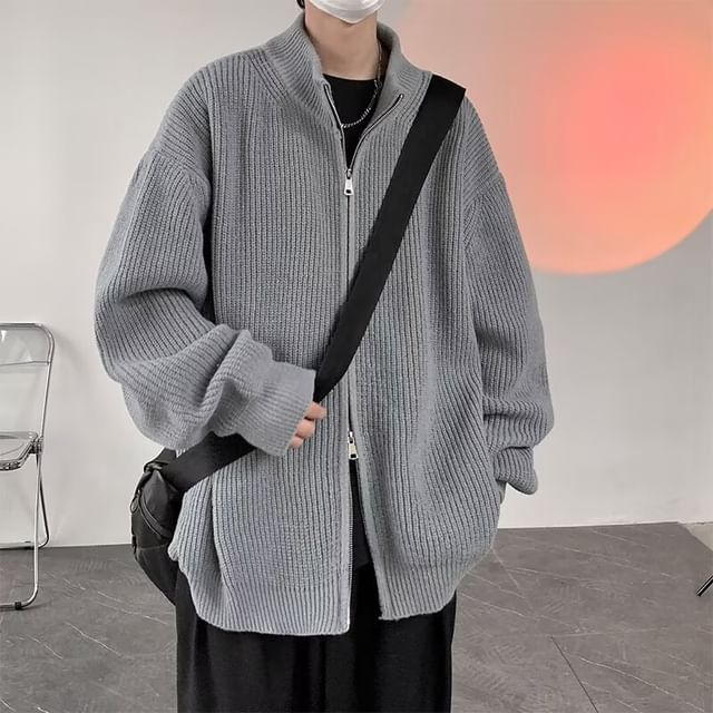 Sinlarity-Mock Neck Zip-Up Plain Cardigan
