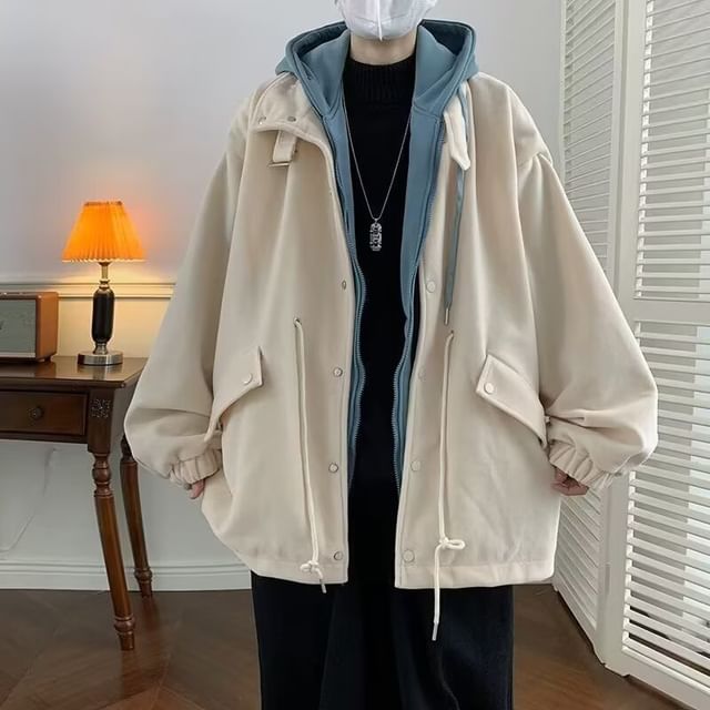 Sinlarity-Mock Two-Piece Hooded Zip-Up Jacket