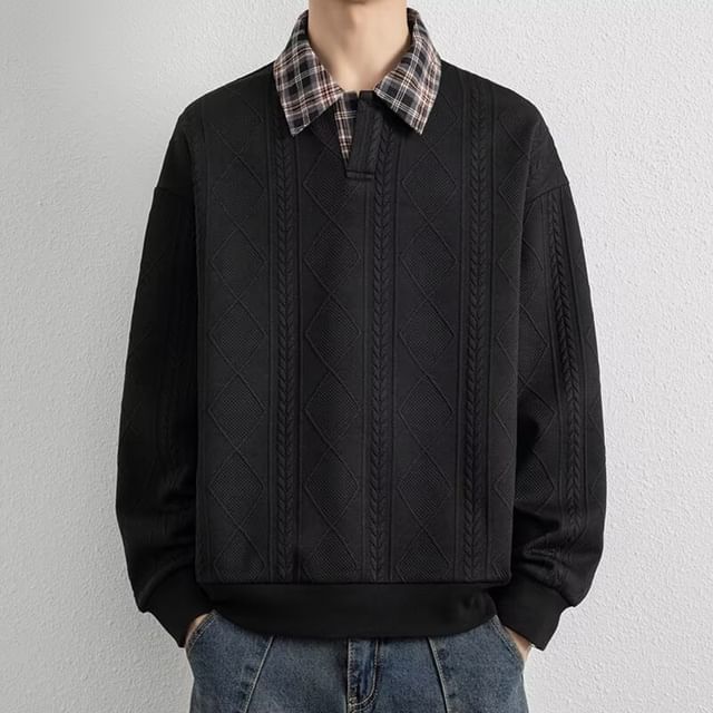 Sinlarity-Plaid Collared Sweatshirt