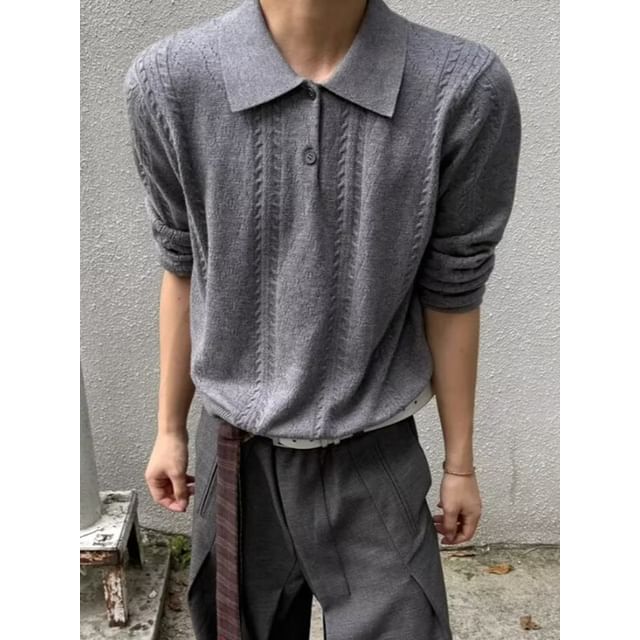 Sinlarity-Plain Cable Knit Polo Sweater