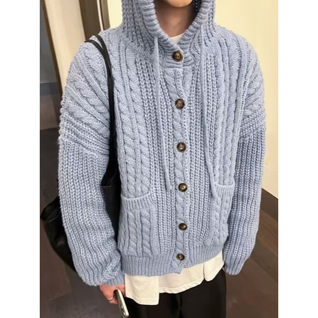 Sinlarity-Plain Hood Cable Knit Cardigan