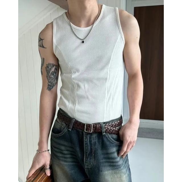 Sinlarity-Round Neck Plain Ribbed Panel Tank Top