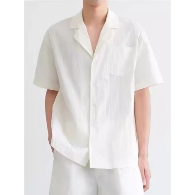 Sinlarity-Short Sleeve Collared Plain Shirt