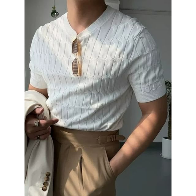 Sinlarity-Short Sleeve Crew Neck Plain Cable Knit Top