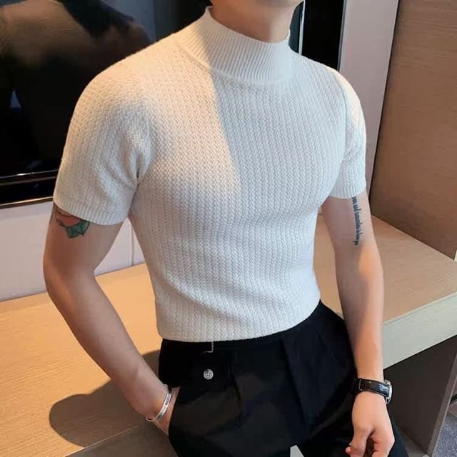 Sinlarity-Short-Sleeve Mock Neck Plain Knit Top
