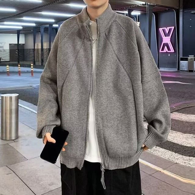 Sinlarity-Stand Collar Plain Zip Knit Jacket