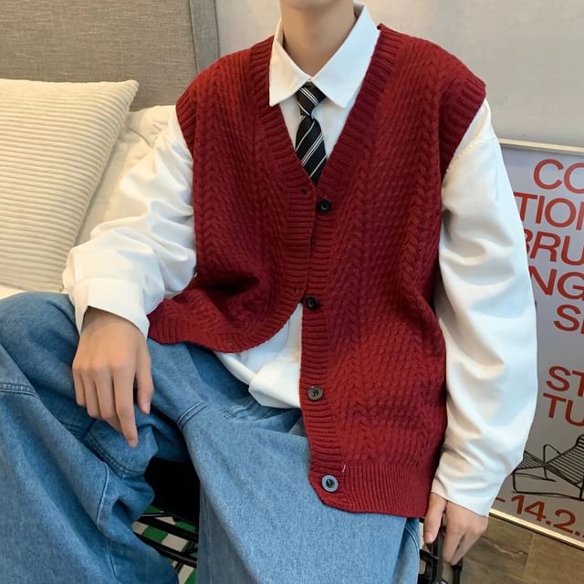 Sinlarity-V-Neck Button-Up Sweater Vest