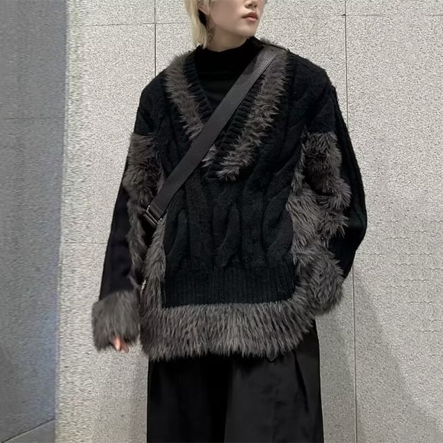 Sinlarity-V-Neck Frayed Sweater