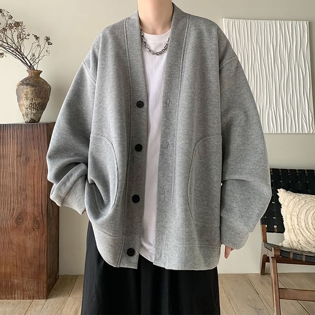 Sinlarity-V-Neck Plain Oversized Button Up Cardigan