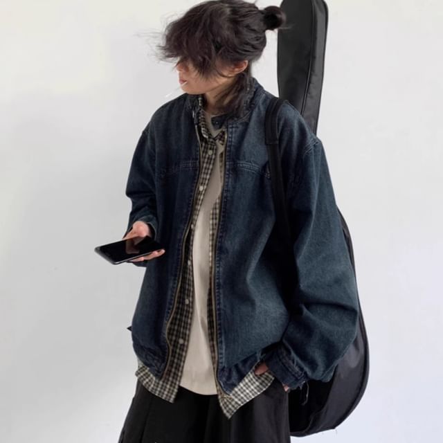 Sinlarity-Washed Zip-Up Denim Jacket