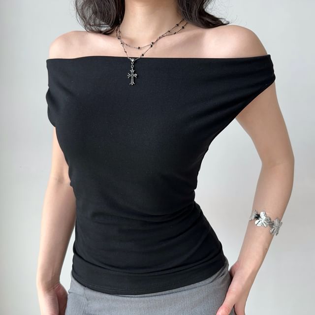 Sinora-Cap-Sleeve Off Shoulder Plain T-Shirt