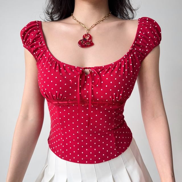 Sinora-Cap Sleeve Scoop Neck Dotted Tie Front Top