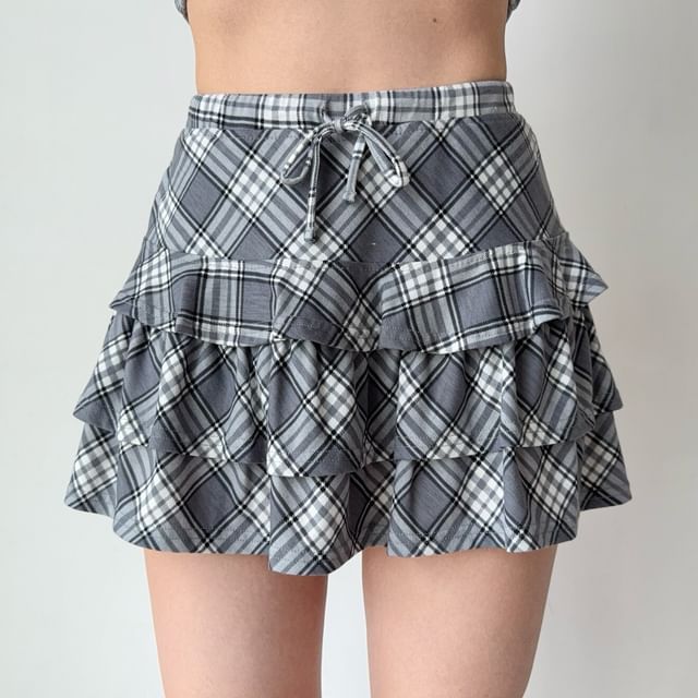 Sinora-Drawstring Waist Plaid Tiered Ruffle Mini A-Line Skirt