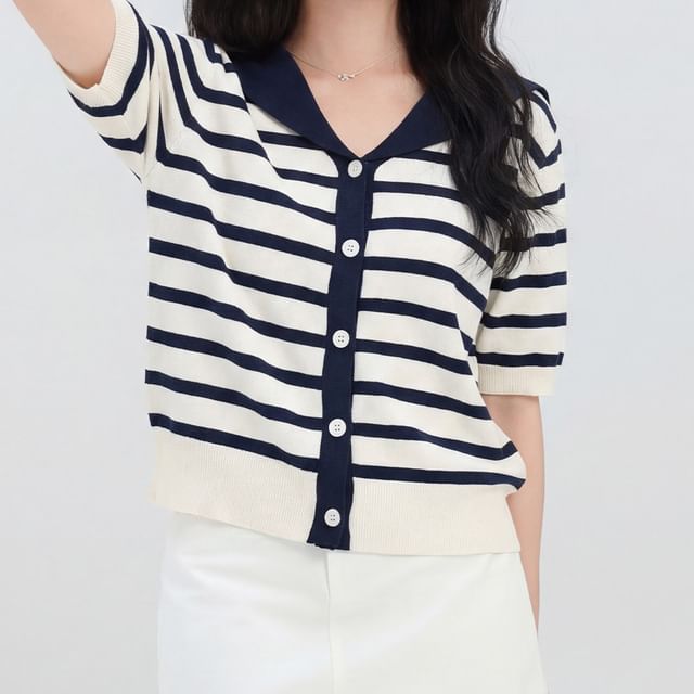 Sinora-Elbow-Sleeve V-Neck Striped Button-Up Knit Top