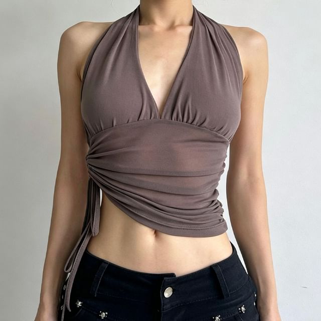 Sinora-Halter-Neck Plain Ruched Crop Top