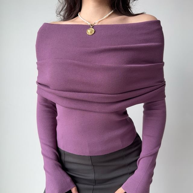 Sinora-Long-Sleeve Off Shoulder Plain Knit Top