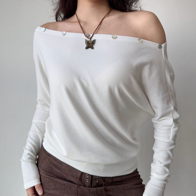 Sinora-Long-Sleeve One-Shoulder Plain T-Shirt