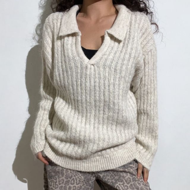 Sinora-Long-Sleeve Plain Knit Polo Top