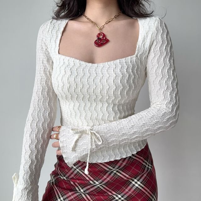 Sinora-Long-Sleeve Square Neck Textured T-Shirt