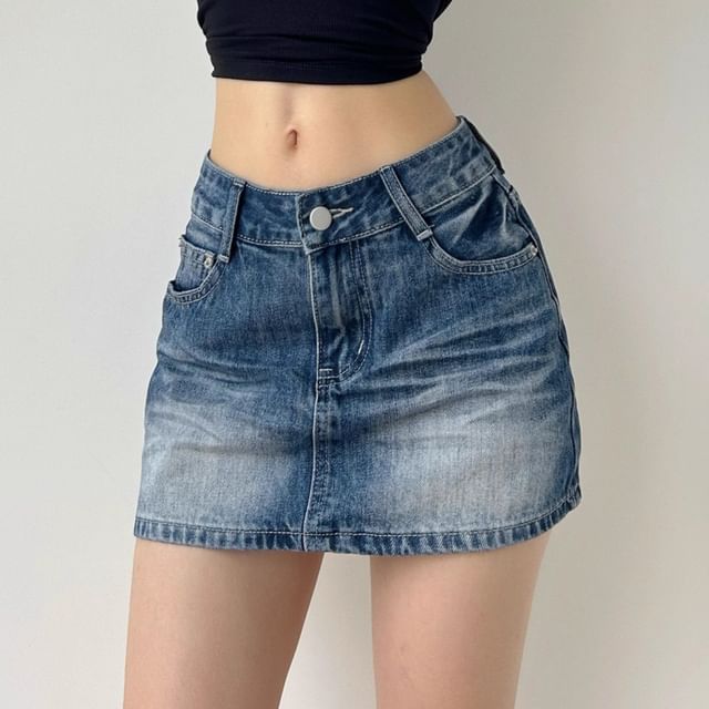 Sinora-Low Rise Washed Denim Mini A-Line Skirt