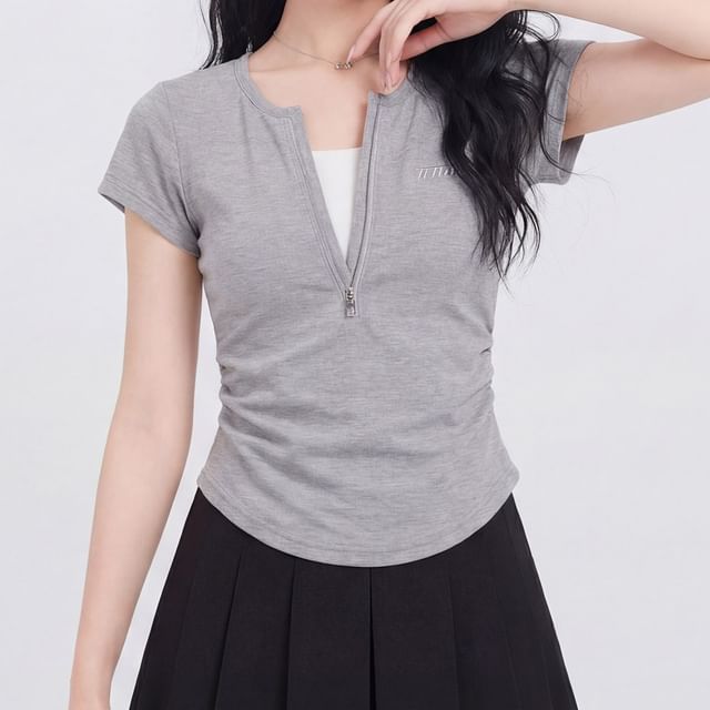 Sinora-Mock Two-Piece Short-Sleeve Notched Plain Top