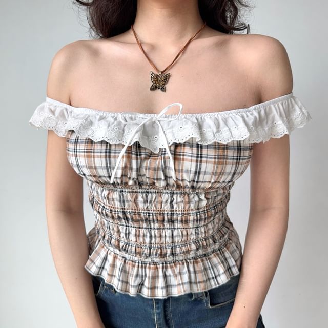 Sinora-Off Shoulder Plaid Ruffle Trim Top