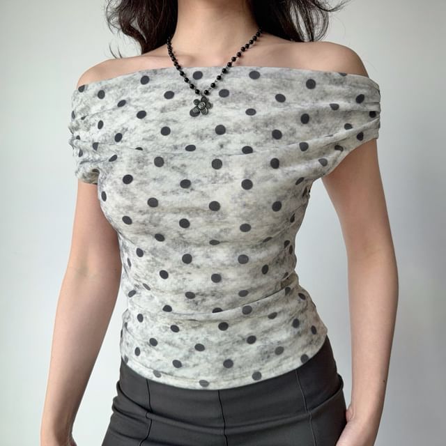 Sinora-Off-Shoulder Polka Dot Slim Fit Crop Top