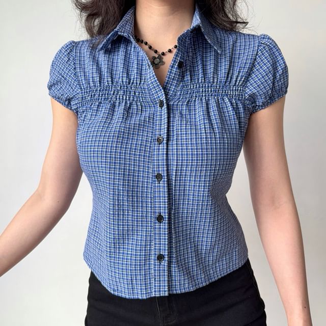 Sinora-Puff-Sleeve Plaid Ruched Shirt
