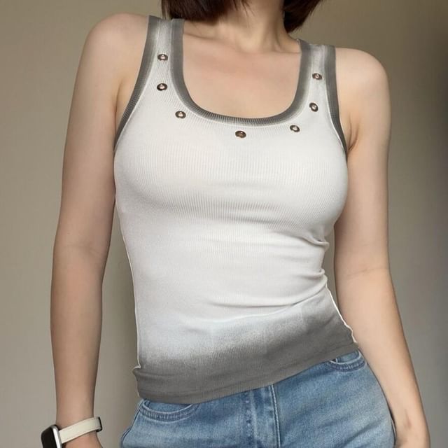 Sinora-Scoop Neck Grommet Ribbed Tank Top
